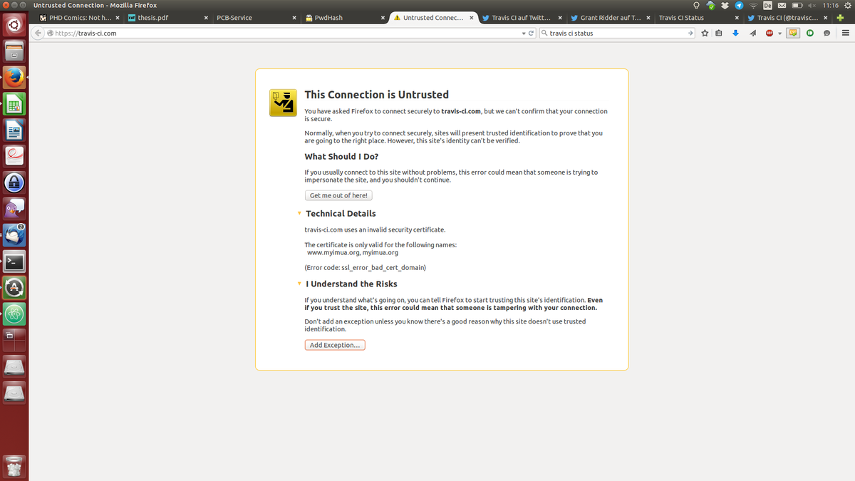 tiwalun's tweet photo. @travisci I'm currently unable to access http://t.co/VSzrIEN7LG, getting an invalid certificate warning http://t.co/BuGbGfjqFT