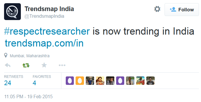 Hike_Fellowship's tweet photo. We are finally trending in India.
@smritiirani @narendramodi @arunjaitley please #RespectResearcher n #HikeFellowship http://t.co/MTdhdmI0yW