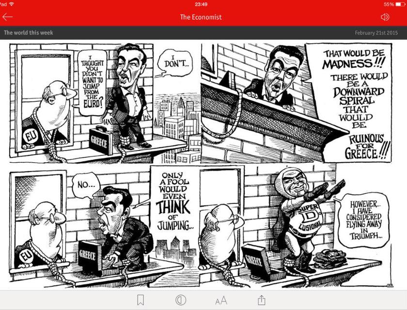 dgatopoulos's tweet photo. KAL's cartoon in The Economist. 
(look out for the Troikans!) 
#Greece #Tsipras

HT @ElenaBec http://t.co/3pE3VVGloP