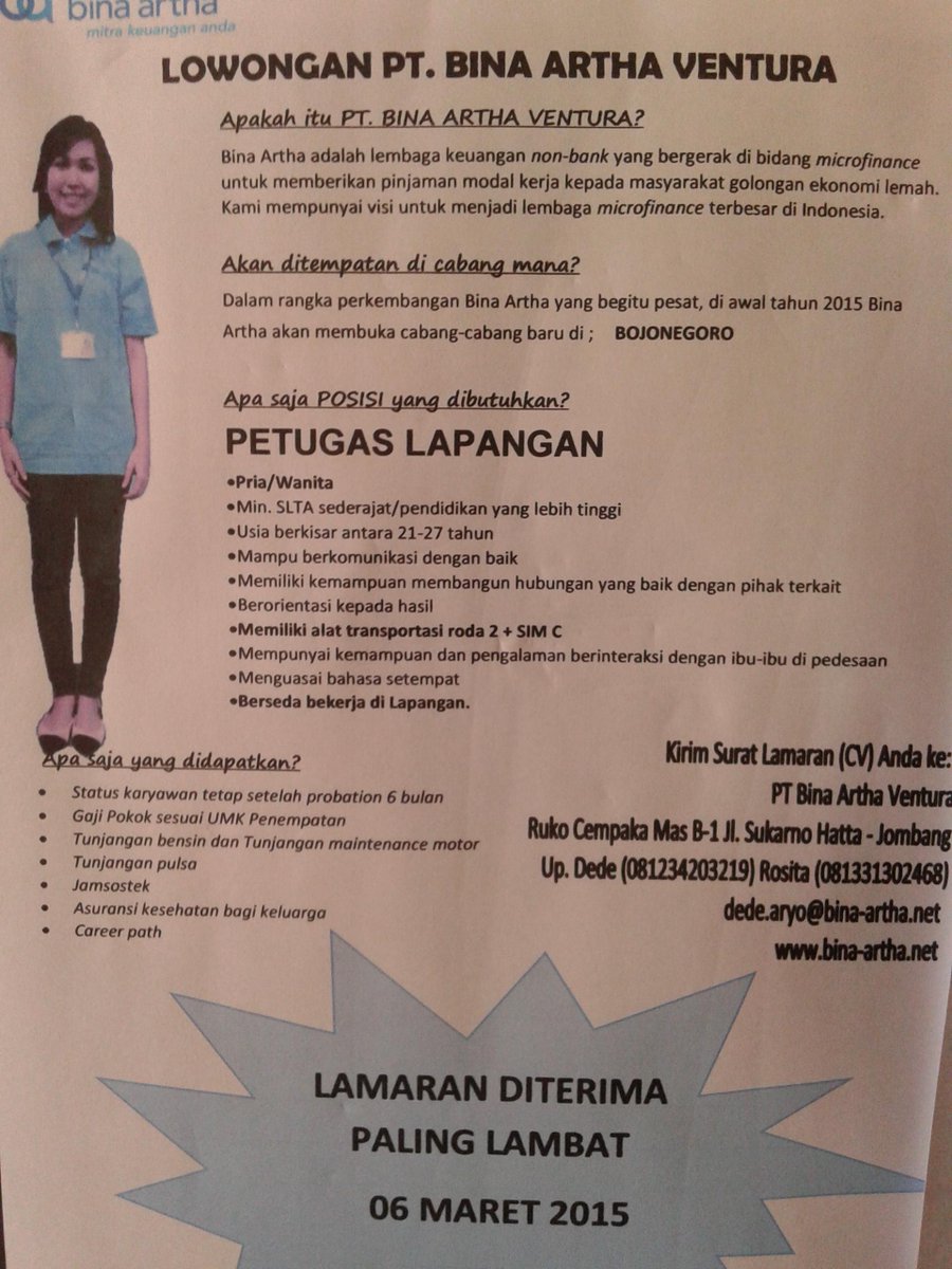 Disnakertransos Bjn On Twitter Lowongan Pt Bina Artha Ventura Penempatan Bojonegoro Http T Co Plzm8dnyuu