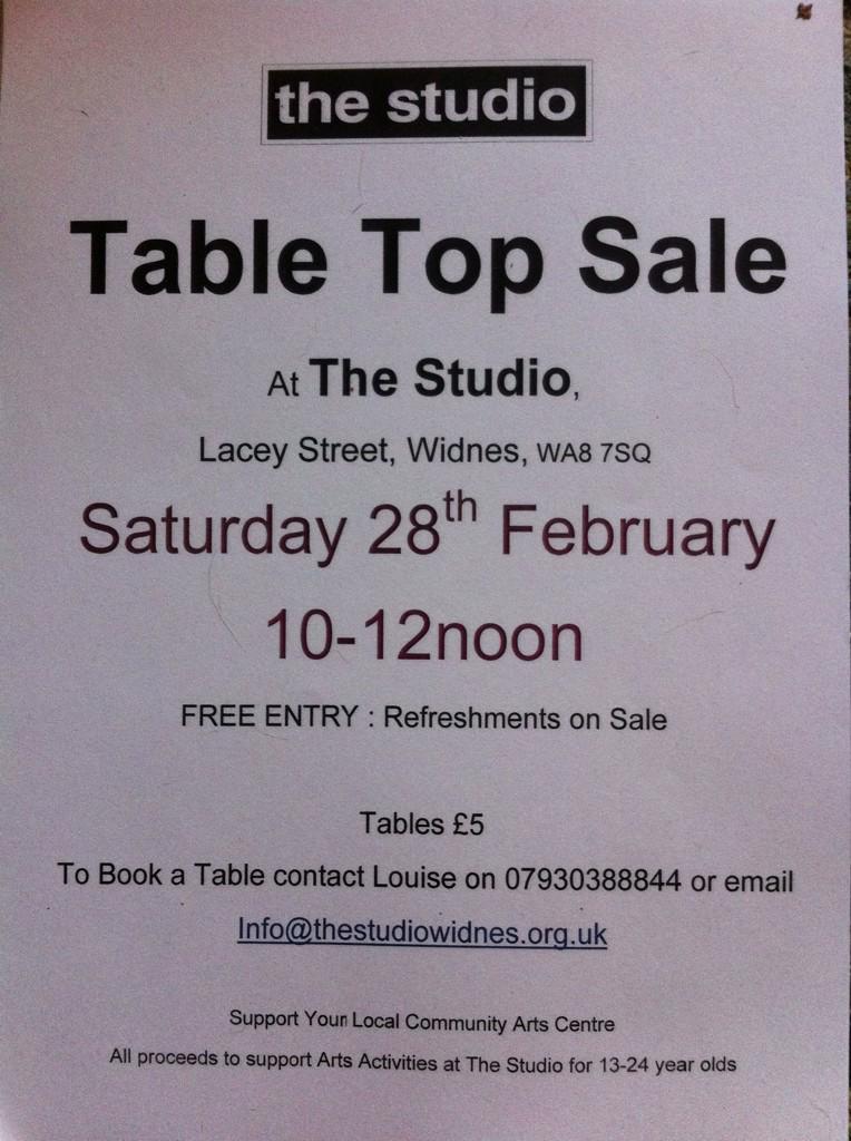 A few tables left for the first Table Top Sale at The Studio of 2015. Book a table or come and browse, free entry!