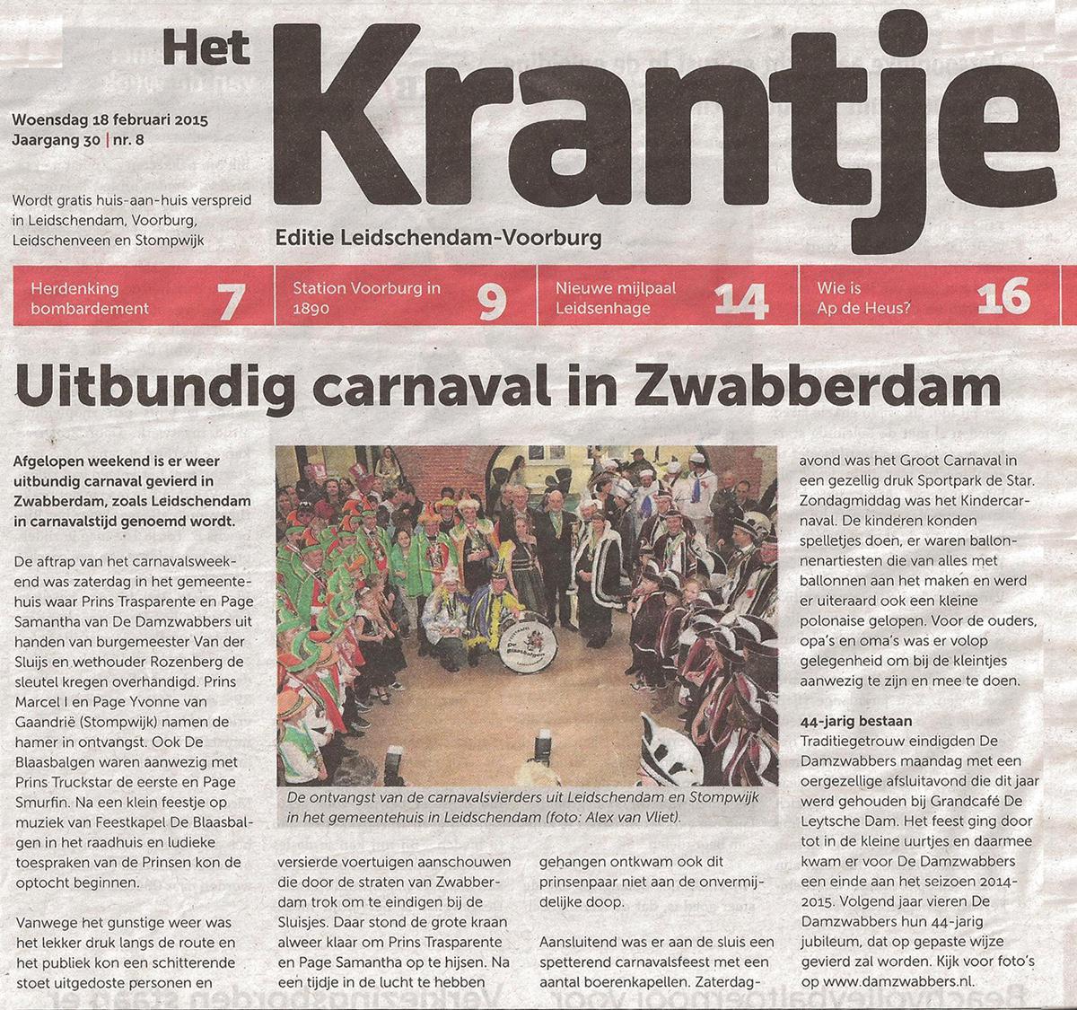 Mooi artikel in <a href="/HetKrantje/">HetKrantje</a> over Carnaval in Leidschendam samen met <a href="/cvdamzwabbers/">C.V. De Damzwabbers</a>