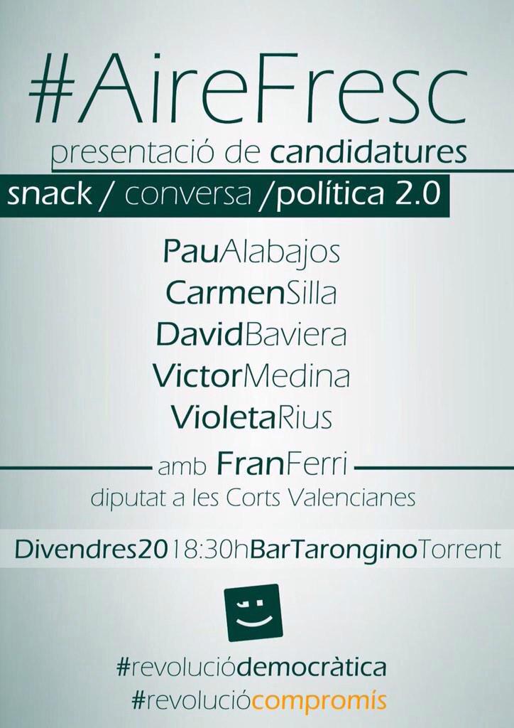 Esta vesprada presentem candidatures de <a href="/compromisTOR/">Compromís per Torrent</a> a les municipals 2015. Ens acompanyarà el diputat <a href="/franferri_/">Fran Ferri</a>