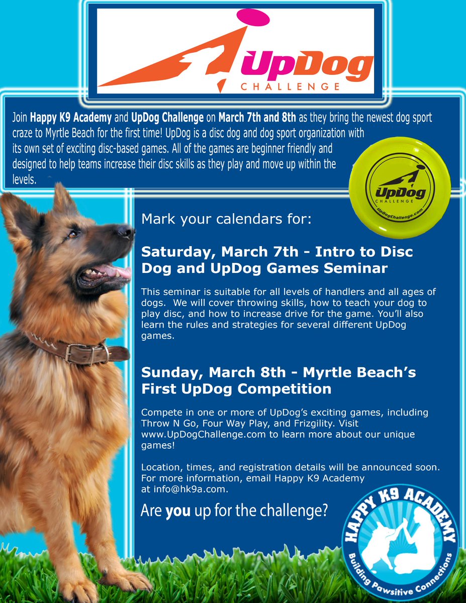HappyK9Academy's tweet photo. Join HK9A and UpDog Challenge on May 7-8 for lots of disc dog fun! Click the photo for details! http://t.co/UCsJLQxout