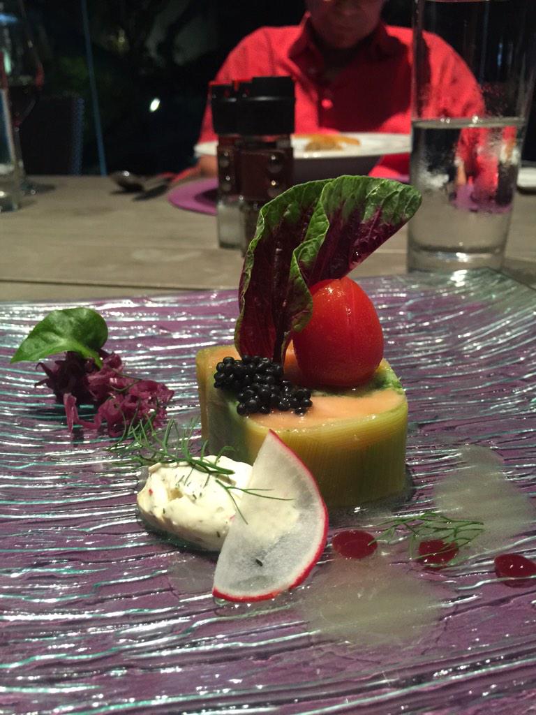 Enjoying Chef Yuya's new menu. One choice for first course is a Norwegian salmon terrine with caviar.