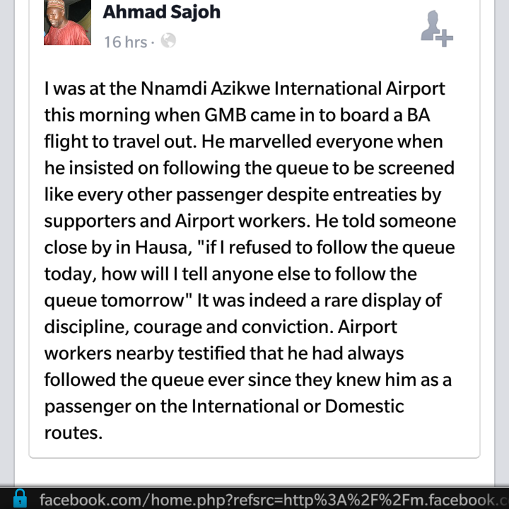 Facebook User Narrates Buhari's display of discipline by Insisting on following the queue