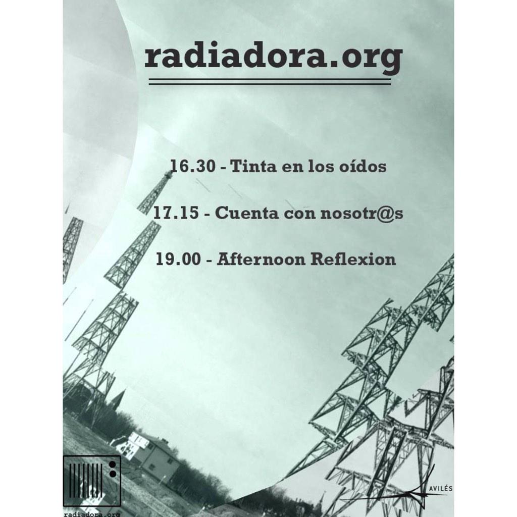 Hey! Que ya estamos emitiendo!

16:30 - tinta en los oidos 17:15 - curta con nosotr@s 19:00 - Afternoon Reflexion