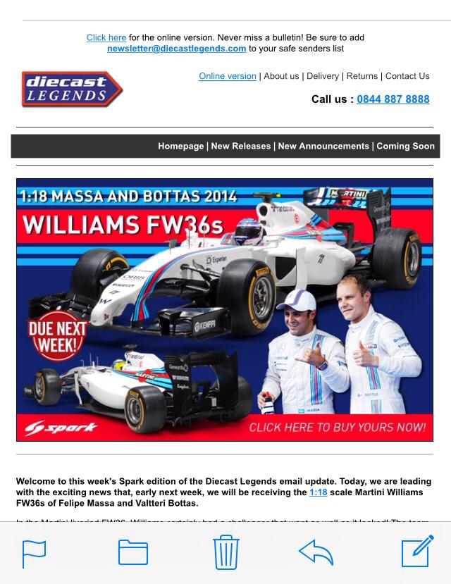 Dan_Rigsby's tweet photo. Spark are bringing out the 2014 Williams in 1:18 scale next week if anyone's interested 🏁 http://t.co/IqFhSLsUnh