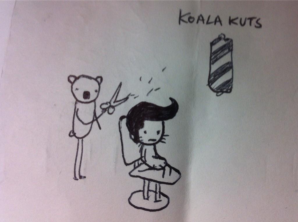 Welcome to koala kuts (The koala bear is not shocked that is  his nose)