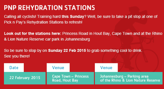 PicknPay's tweet photo. CPT cyclists, stay cool &amp; look out for our #rehydrationstation in Princess Road, Hout Bay on Sunday! ツ #PnPCycle http://t.co/mouUwCQcNx