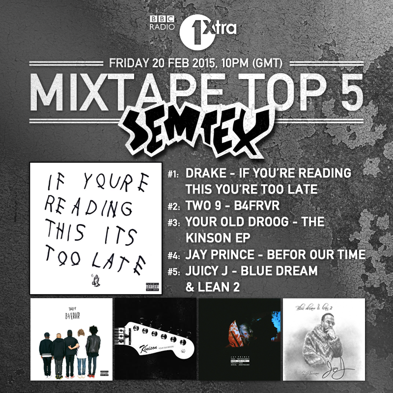 Bxb_gh's tweet photo. RT @1Xtra It's @DJSemtex's #MixtapeTop5! @Drake @two9 @YourOldDroog @JayPrince @therealjuicyj http://t.co/wPBslrVXTN http://t.co/T4I8A5AEpw