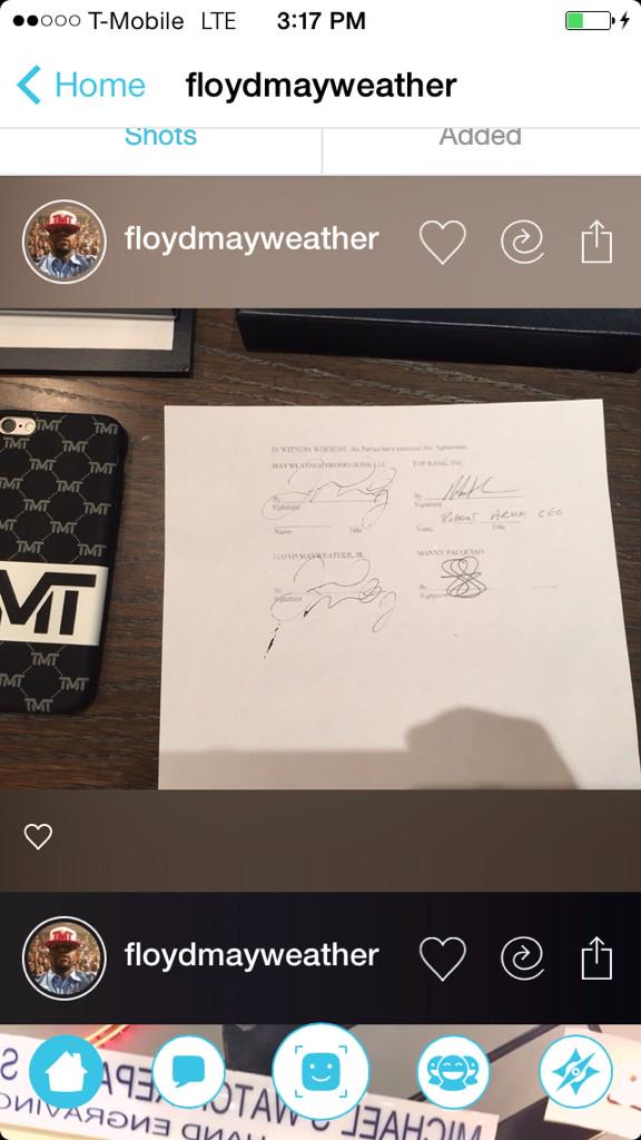 It's official <a href="/FloydMayweather/">Floyd Mayweather</a> vs <a href="/MannyPacquiao/">Manny Pacquiao</a> May 2nd at the MGM Grand in Las Vegas. Here's the pic of it signed.