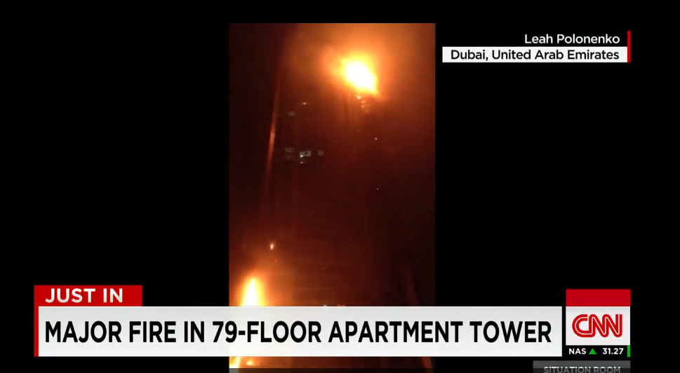 CNN's tweet photo. A fire broke out early Saturday at a luxury apartment skyscraper in #Dubai, authorities said. http://t.co/eB5F64IsY9 http://t.co/WDiFs6nWIO