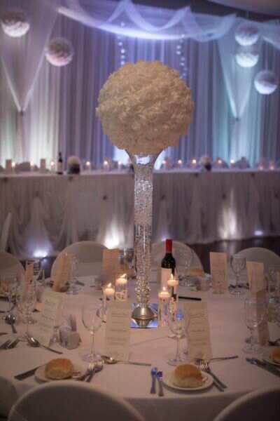 #flowerball #roseball #wedding #centrepiece #theweddingplace #tallvase #roses #silkflowers