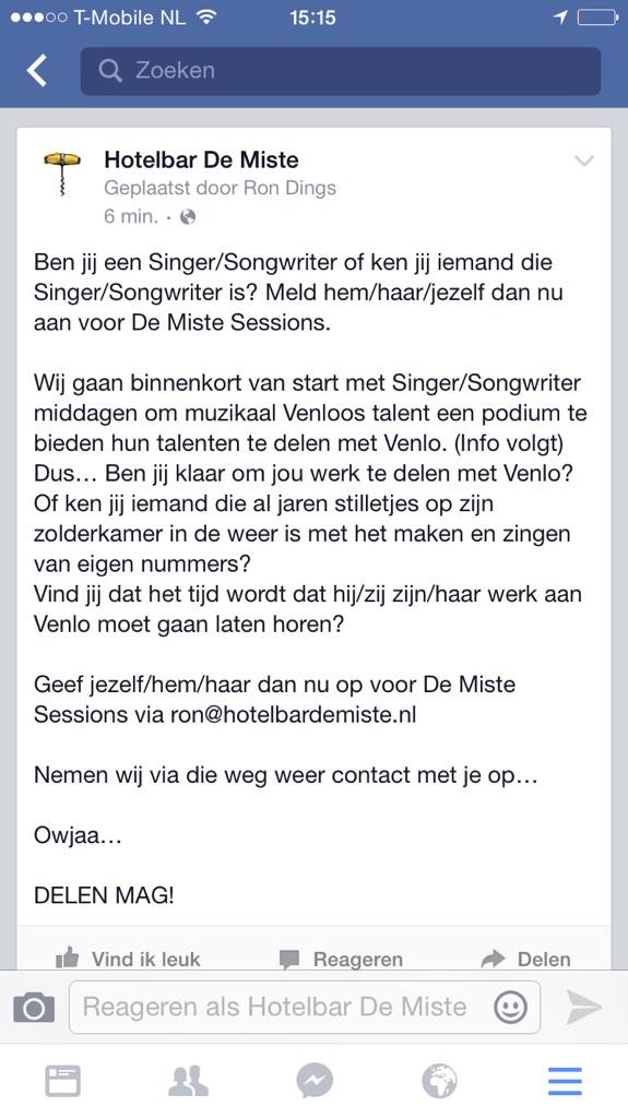 De Miste Sessions! Geef hem/haar/jezelf op via ron@hotelbardemiste.nl