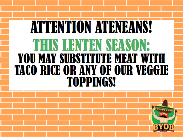 BYOBurrito's tweet photo. Good news guys!! This lenten season, you may opt to substitute meat with taco rice or any of our veggie toppings!! 😊 http://t.co/VUKEgyUqjK