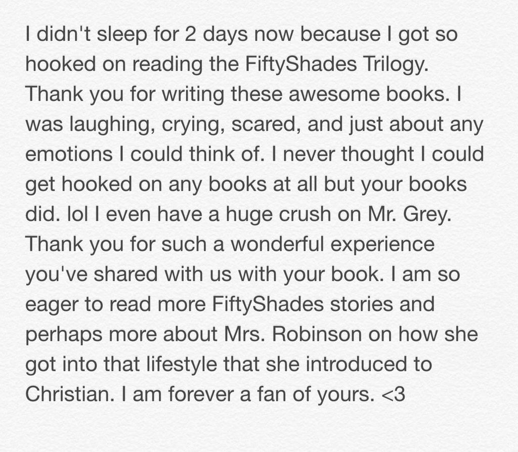 SheilaSurban's tweet photo. @E_L_James Forever a self-confesses #FiftyShadesTrilogy fan http://t.co/OU8lIOQVEF