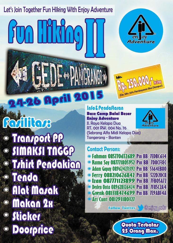 enjoy_adv's tweet photo. yuk gabung FunHiking2 Mt. Pangrango brsma enjoy_adv tgl. 24-26april15 @infopendaki @infogunung @petualang_TNG http://t.co/ZeqH8M1QtT