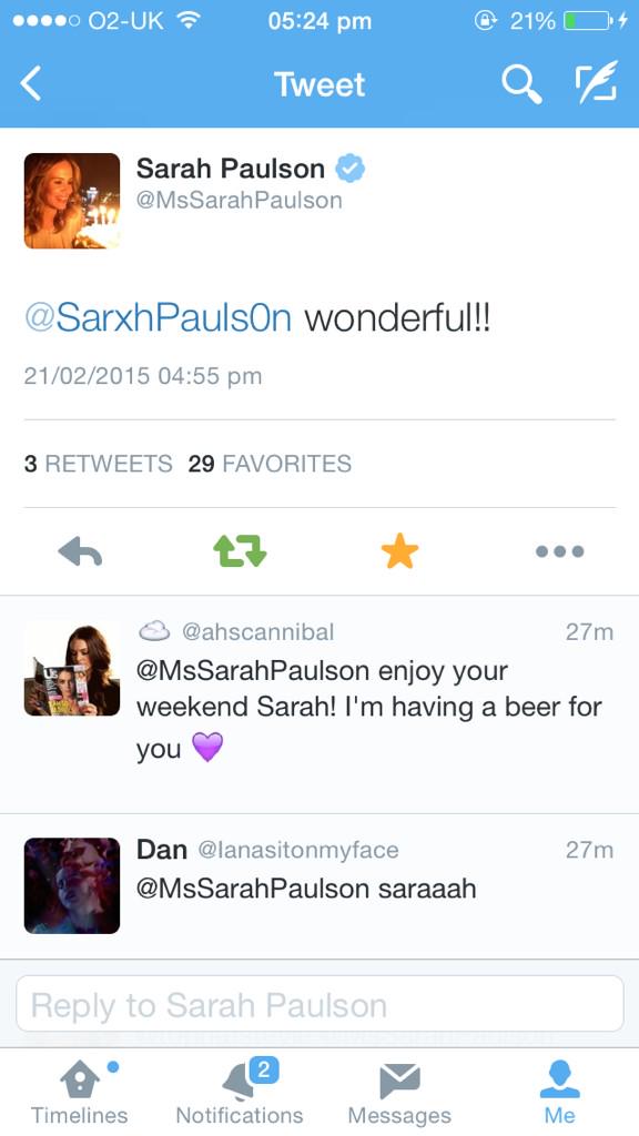 ourpaulson's tweet photo. I am in shock, so unexpected!! Not sure what she was replying to on the 1st one,  but SARAH FUCKING PAULSON OMGJFDJAY http://t.co/IhRpWXRsKL