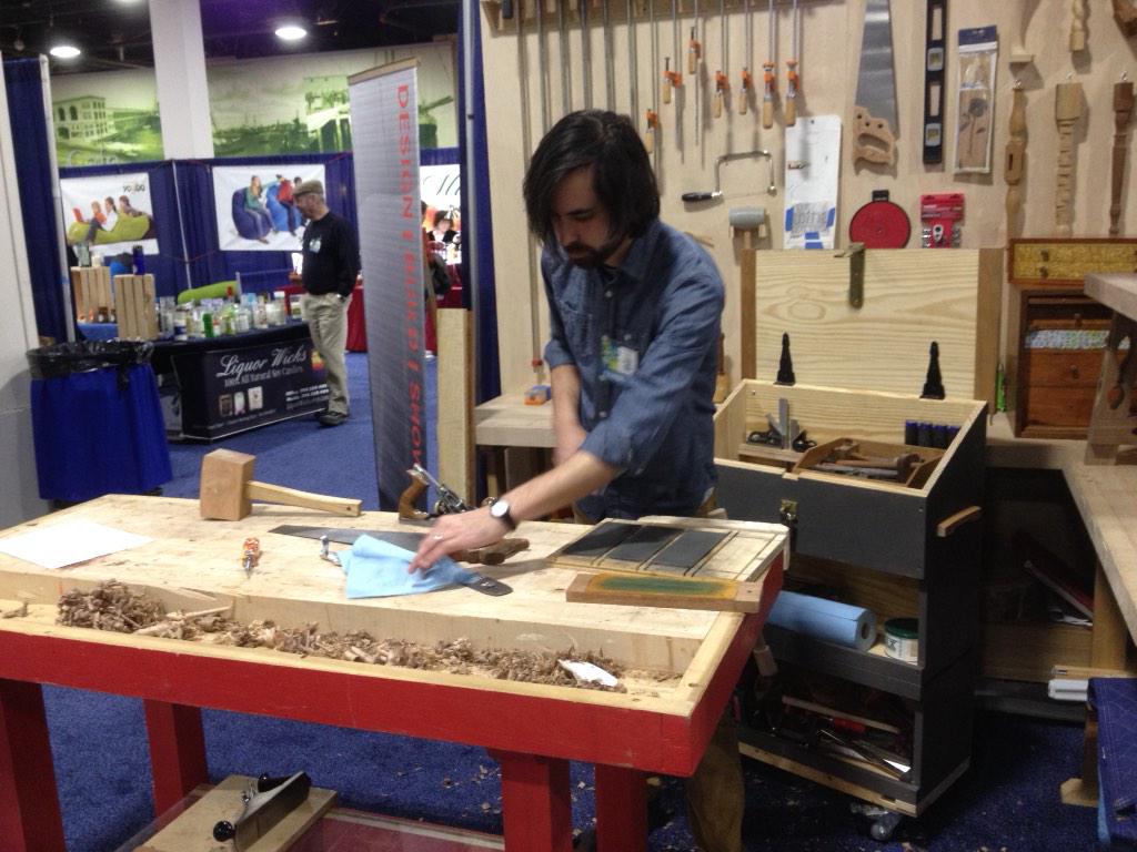 DesignBuildShow's tweet photo. @alexjaynes is taking over the main workbench and building a low pine bench. http://t.co/G1gZNAJhOH