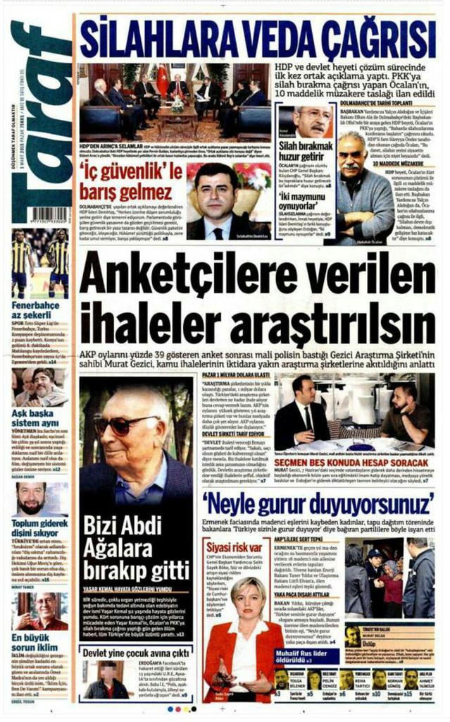 01 Mart 2015 Pazar Gazete Manşetleri