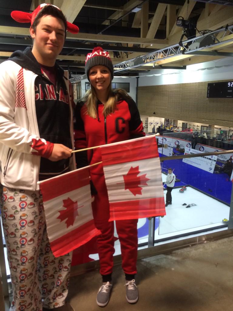 CurlingCanada's tweet photo. Canadian fans Colin Kurz and Kylee Calvert are decked out in their best red and white gear! #WJCC2015 http://t.co/PY8WcuuquY