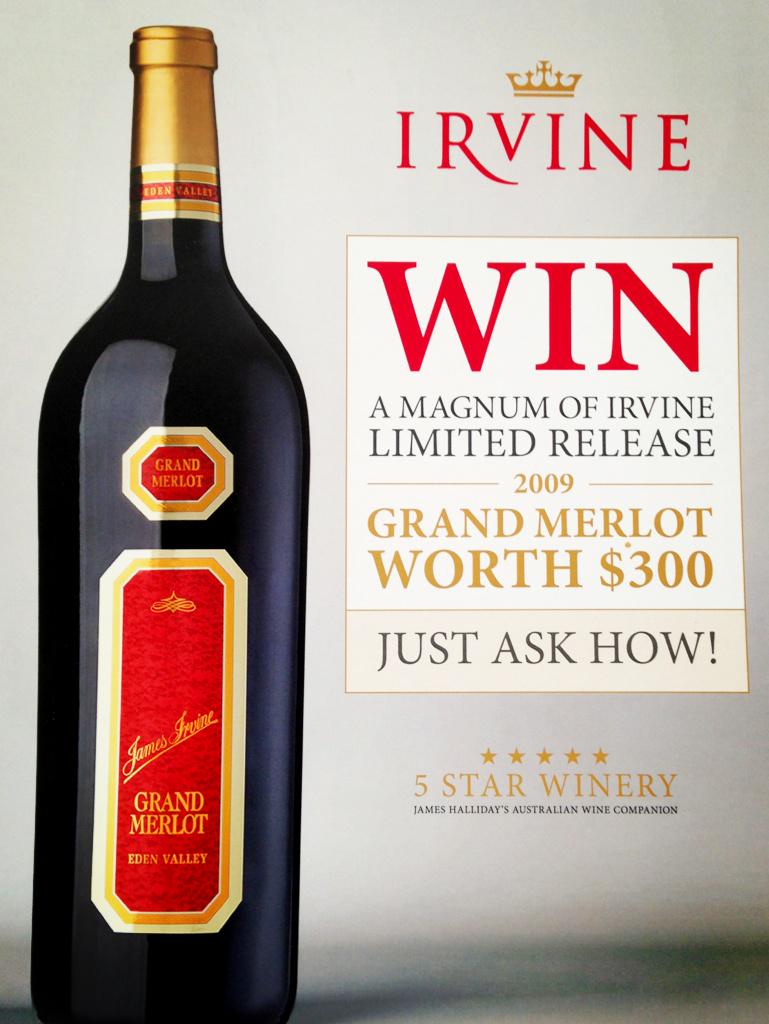 WIN A Magnum of
2009 James Irvine Grand Merlot Today
Worth $300

Prize Draw 5pm
Stand 85

#CDWF15