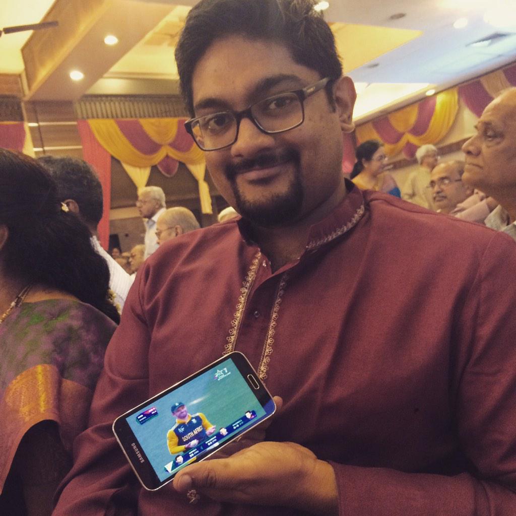 Swathirishi's tweet photo. So what if we are at a wedding thanks to @TataSky #everywheretv #INDvSA we ain't gonna miss a thing @arjun_siva http://t.co/A1vA3kxsMX