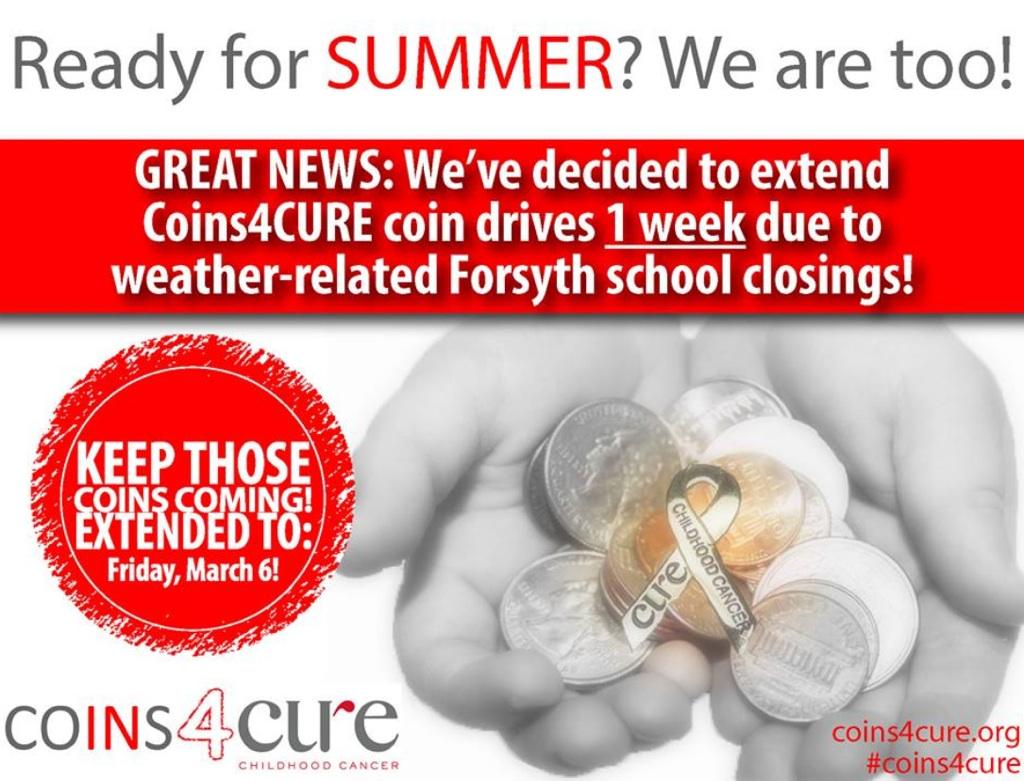 CUREchildcancer's tweet photo. RT @Coins4CURE: Great news! 1 extra week to collect coins for #Coins4CURE! 100% helps our friends @CUREchildcancer! http://t.co/2FLOnkToWS