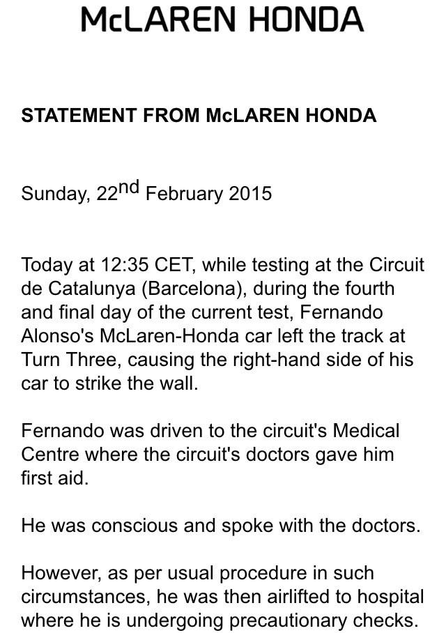 Fernando Alonso, hospitalizado tras un accidente en los test de Montmeló B-dEJOPIAAAhk8o