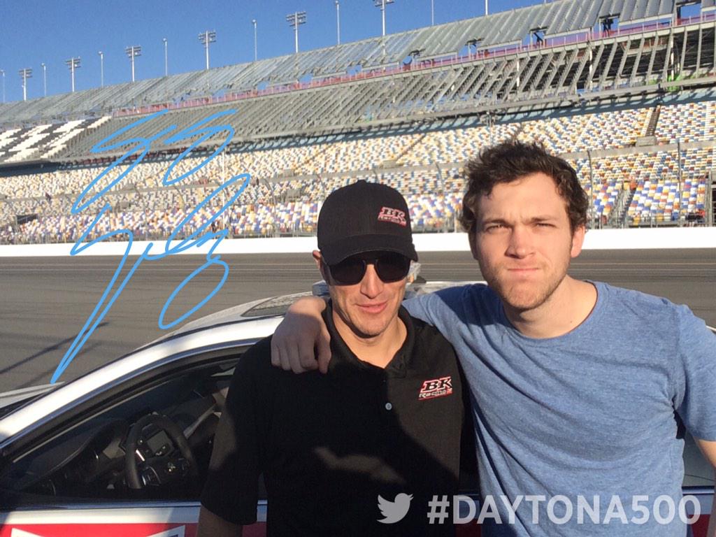 NASCAR's tweet photo. Live from the #DAYTONA500 - it's @jjyeley1 and today's National Anthem singer @Phillips! http://t.co/Lv3jcQU3Sk