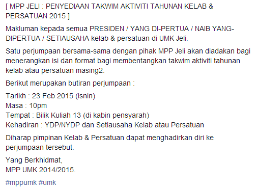 mppumk's tweet photo. #MPPJeli
PENYEDIAAN TAKWIM AKTIVITI TAHUNAN KELAB &amp; PERSATUAN 2015 http://t.co/k7lmIqDBSf