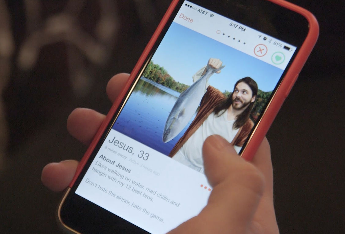AutomaticImprov's tweet photo. What if Jesus was on @Tinder? Would YOU swipe right? Our newest comedy sketch video --> http://t.co/uA8NOoHIFF http://t.co/6H0nLetEsu