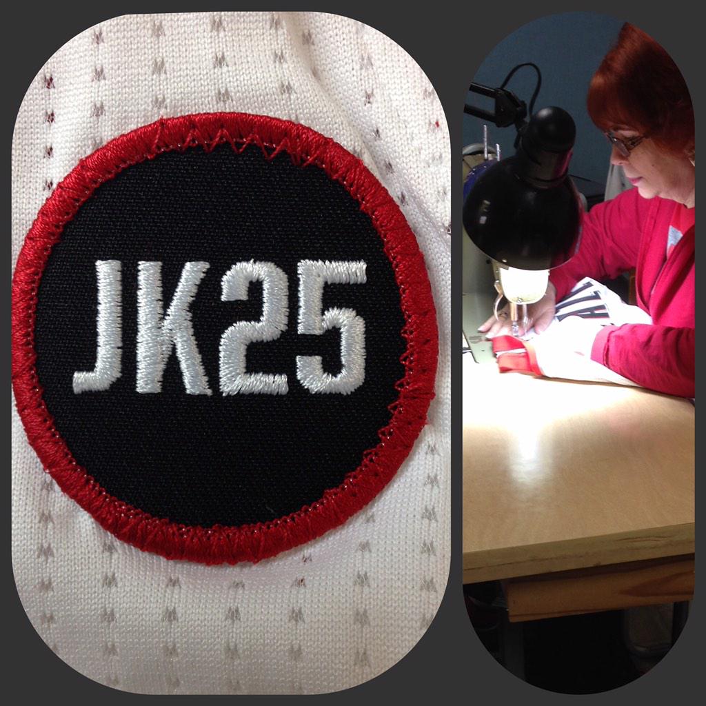 RipCityEQ's tweet photo. Patches are sewn on and jerseys are ready to go. Thanks to Donna for always coming through. #JK25 http://t.co/EAlcsG3Glz