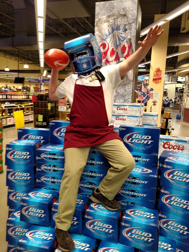 cornerstarbeer's tweet photo. So our old @budlight display fell apart, but we were able to find an employee to stand in. I think it works. http://t.co/OziSJKgZ8H