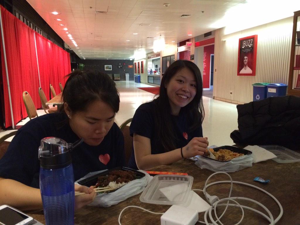 It's lunch time everyone before we get back to work! Here's our co-president, Joanna (L) with Boey! (R)