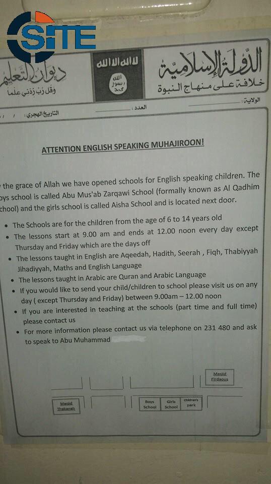 Anon404Isis's tweet photo. #ISIS Raqqah announced opening of English school for "Children of foreign and European immigrants";Solicited teachers http://t.co/7eIv4yHB0k