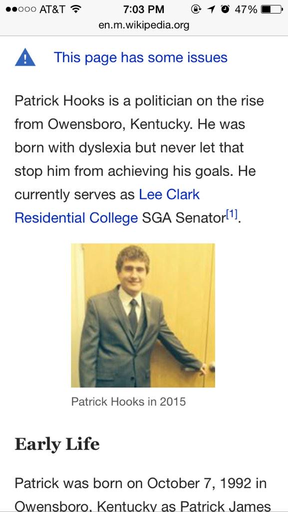 RatpickShook's tweet photo. Patrick got a Wikipedia page created. Listed for speedy delete. Find it while it still exists. http://t.co/2ELztKZ9Hk