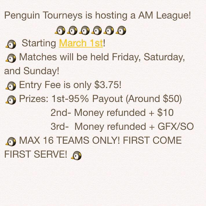 PenguinTourneys's tweet photo. HOSTING A TOP AM LEAGUE! @ShawnAbner @Gamer_RTweets @VideoGame_RTs @Agile_RTs @Mythical_RTs @PromoteGamers @Dare_RT http://t.co/jkuXCUSWl3