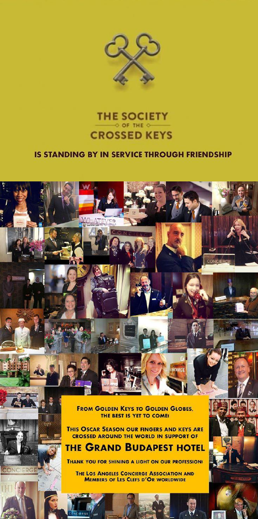 Kalindra's tweet photo. It's starting! Fingers and Keys crossed around the world @foxsearchlight #TheGrandBudapestHotel #crossedkeys #oscars http://t.co/oCyxNgbEbh