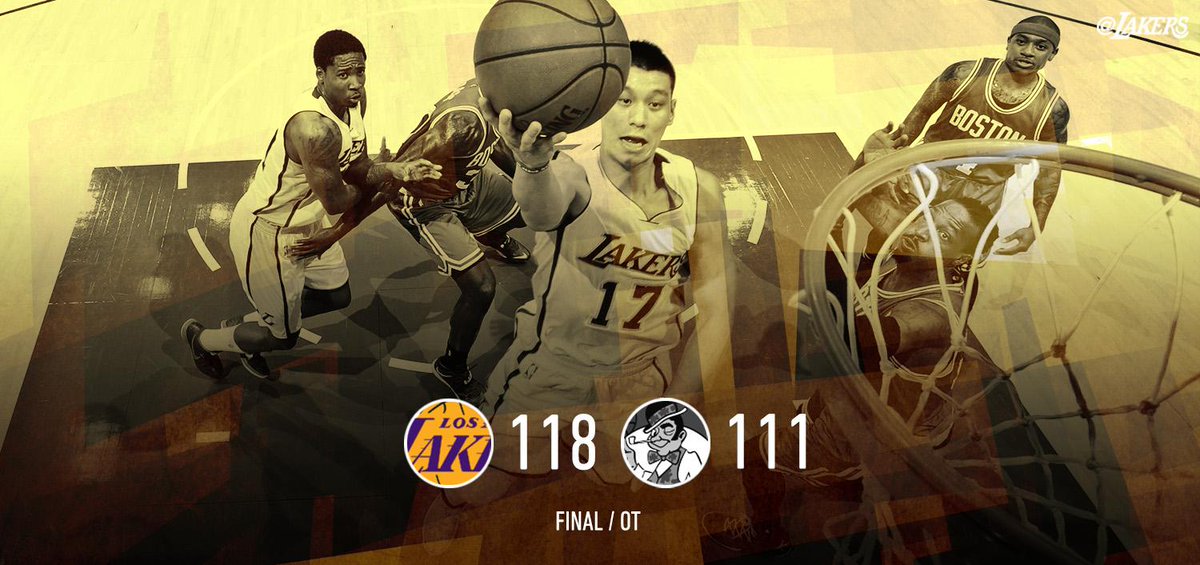 Lakers's tweet photo. #LakersWin it in OT!! Big games for @JLin7 (25p), Wesley Johnson (22p) and @NickSwagyPYoung (19p) in the victory. http://t.co/59aAXu0RjZ