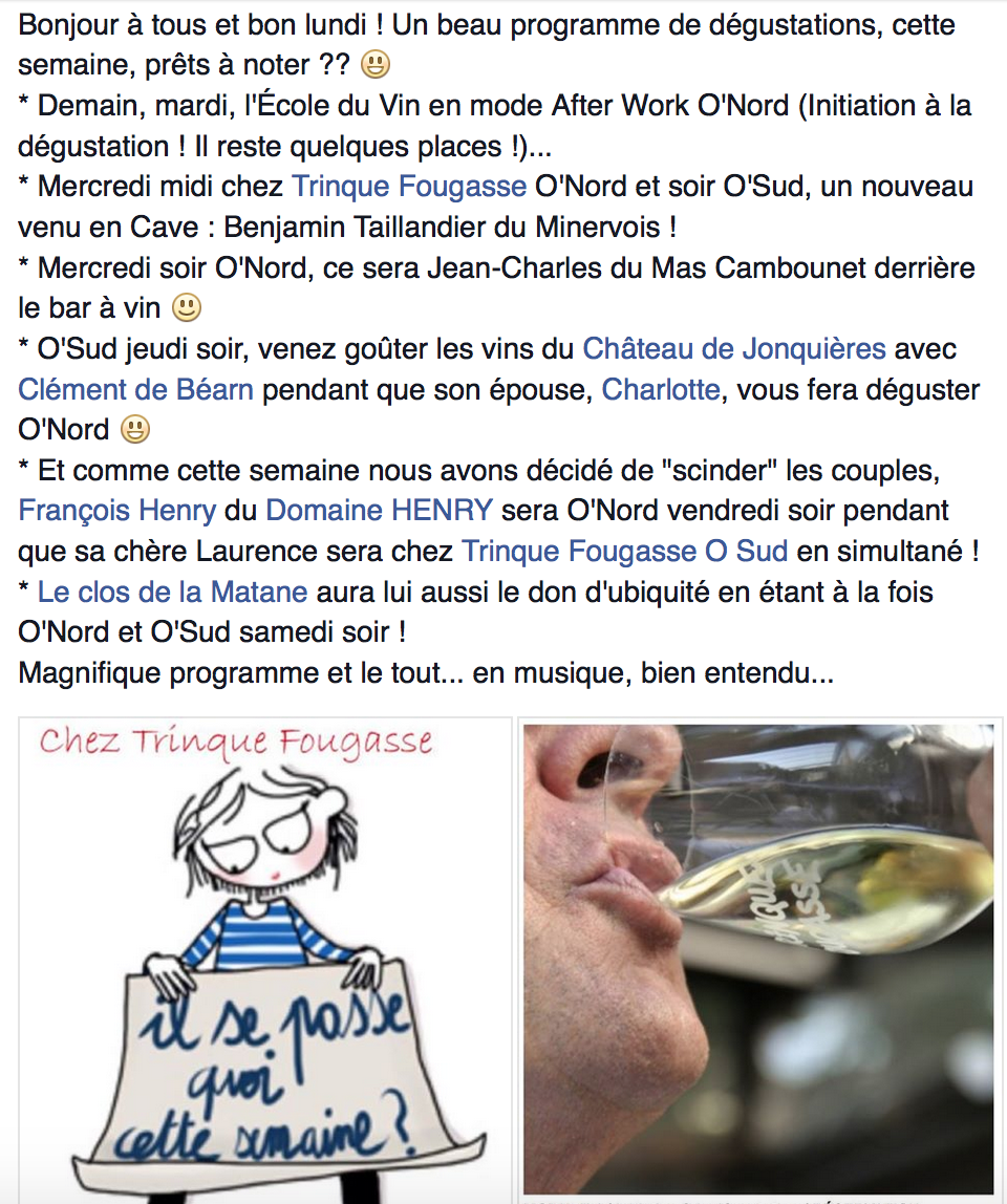 Grosse semaine de #degustations! Voici le programme! <a href="/CavisteTF/">Cave Trinquefougasse</a> <a href="/Cru_SGO/">Cru St G. d'Orques</a> <a href="/leMinervois/">Le Minervois</a> <a href="/jonquieresvin/">CHATEAUdeJONQUIERES</a> <a href="/VinsduLanguedoc/">Vins du Languedoc</a>