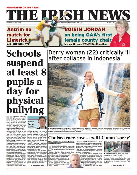 irish_news's tweet image. Schools suspend at least 8 a day for bullying irishnews.com/news/schools-s… (£) #frontpages