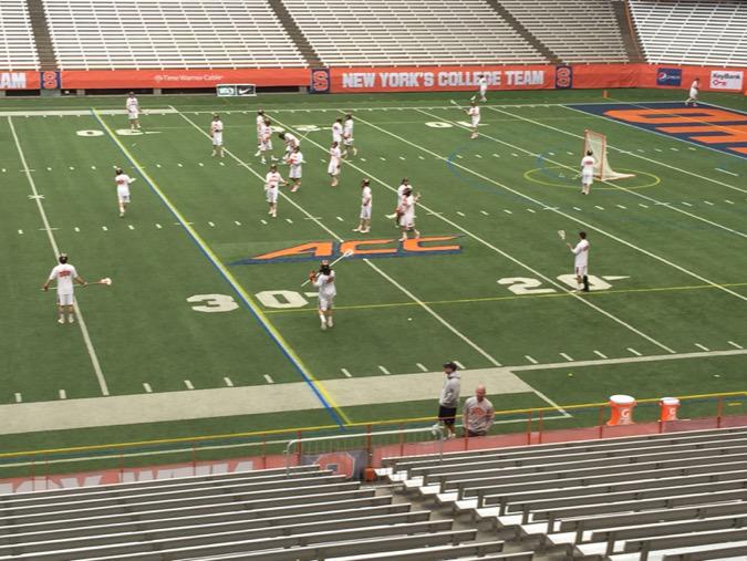 @RITMensLax warming up at Carrier Dome 2015 season opener today at 1 pm vs <a href="/StevensonLax/">SU Men's Lacrosse</a> #RIT RITSports
