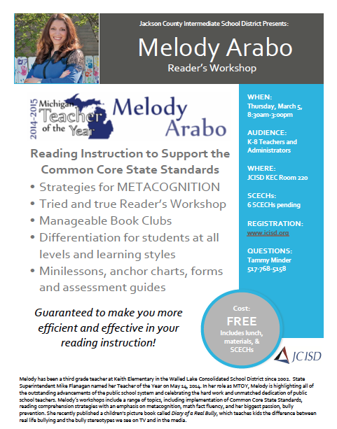 maegmccormick's tweet photo. Great PD opportunity Mar. 5 with Michigan Teacher of the Year - Melody Arabo! Still time to register. #TeamJXN http://t.co/NALcqZyjot