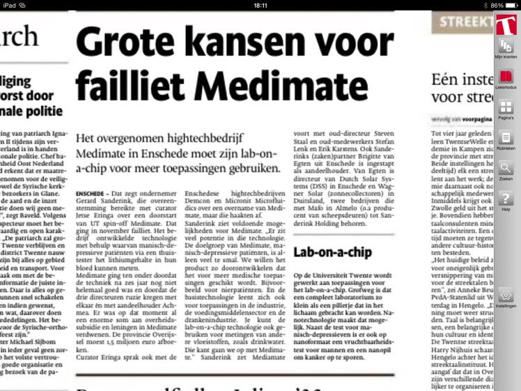 albertvdbergtwt's tweet photo. Doorstart voor #MESA spinoff #Medimate Nieuwe kans voor #lab-on-chip technologie uit #BIOS groep #UTwente http://t.co/B4Rxy32SLz