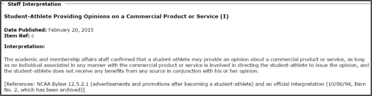 #NCAA (DI) interpretation on a Student-Athlete Providing Opinions on a Commercial Product or Service: