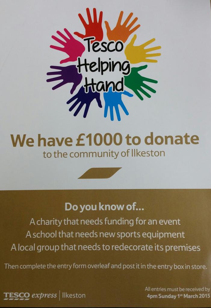 We have £1000 to donate to Ilkeston community.  Nomination forms in store. Entries must be received by Sunday!