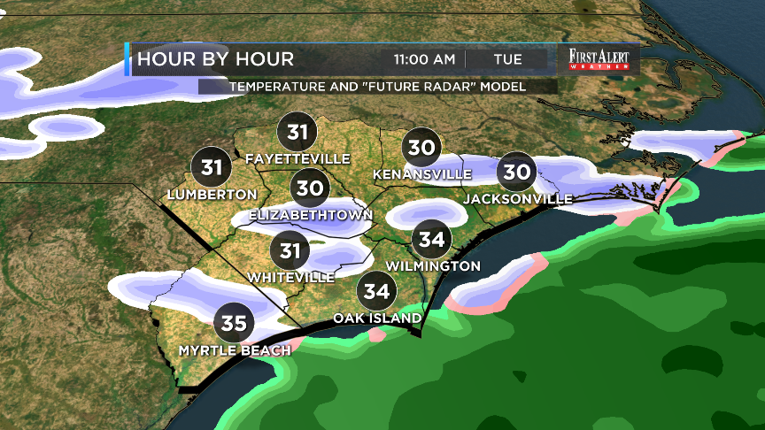Your future radar continues to show the potential of showers of snow or a wintry mix Tuesday. #WECTwx #ilmwx <a href="/medwick/">Gannon Medwick</a>