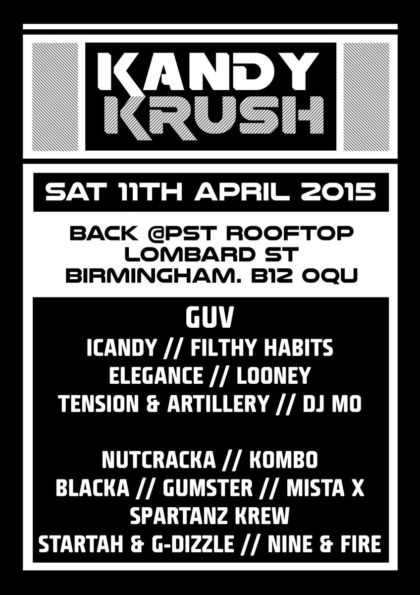 11th April 2015
Birmingham 
<a href="/KandyKrushdnb/">#kk KandyKrush</a> Events Page
facebook.com/events/4945615…]